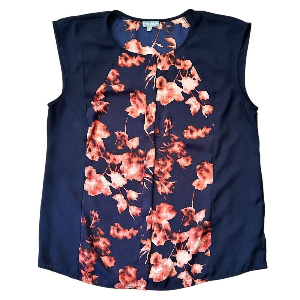 Vince Camuto Cap Sleeve Navy Blue & Orange Floral Print Panel Blouse Medium